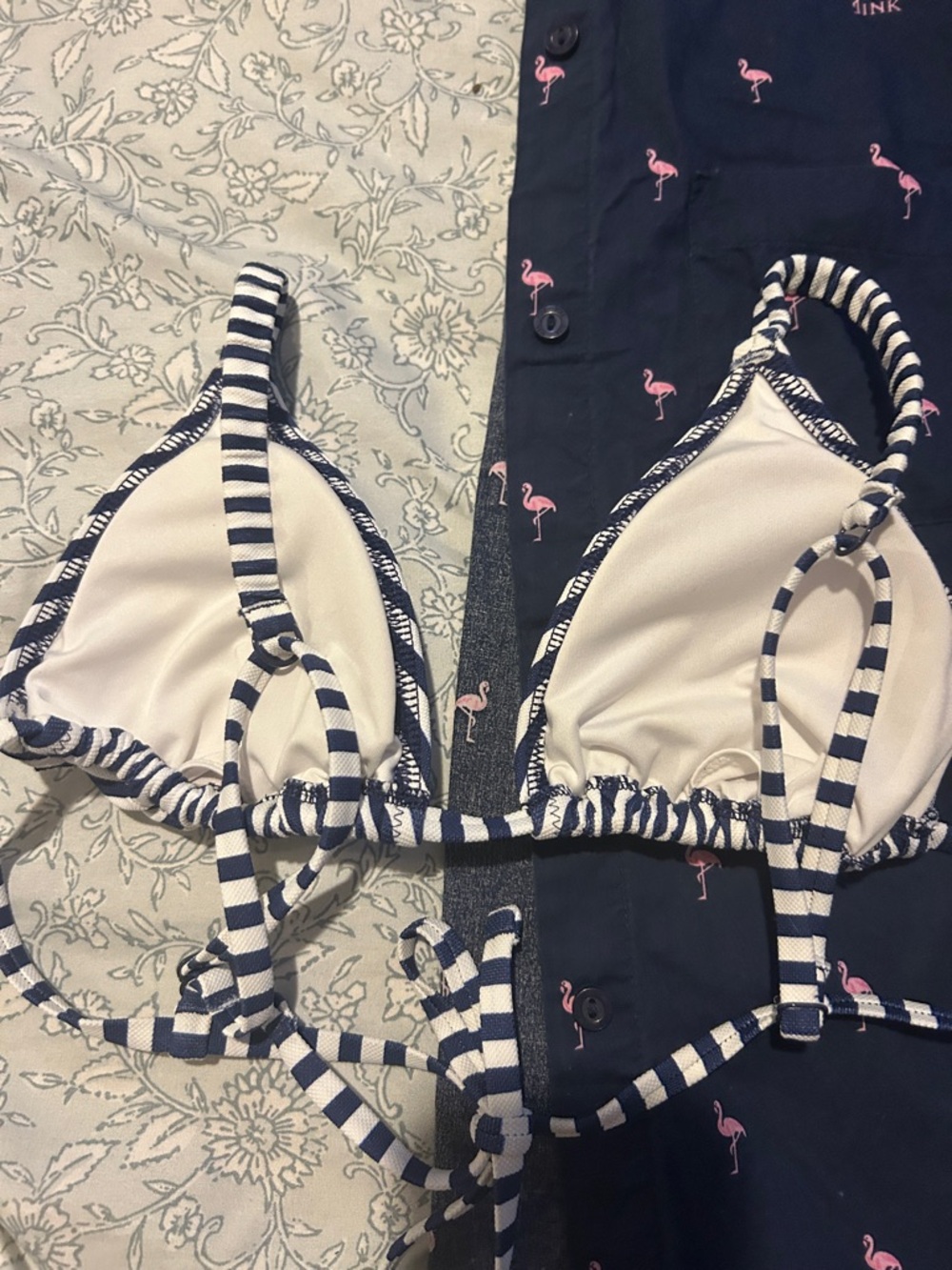 Navy Pink Flamingo Button-Up Shirt & Striped Bikini Set - Picture 8 of 11